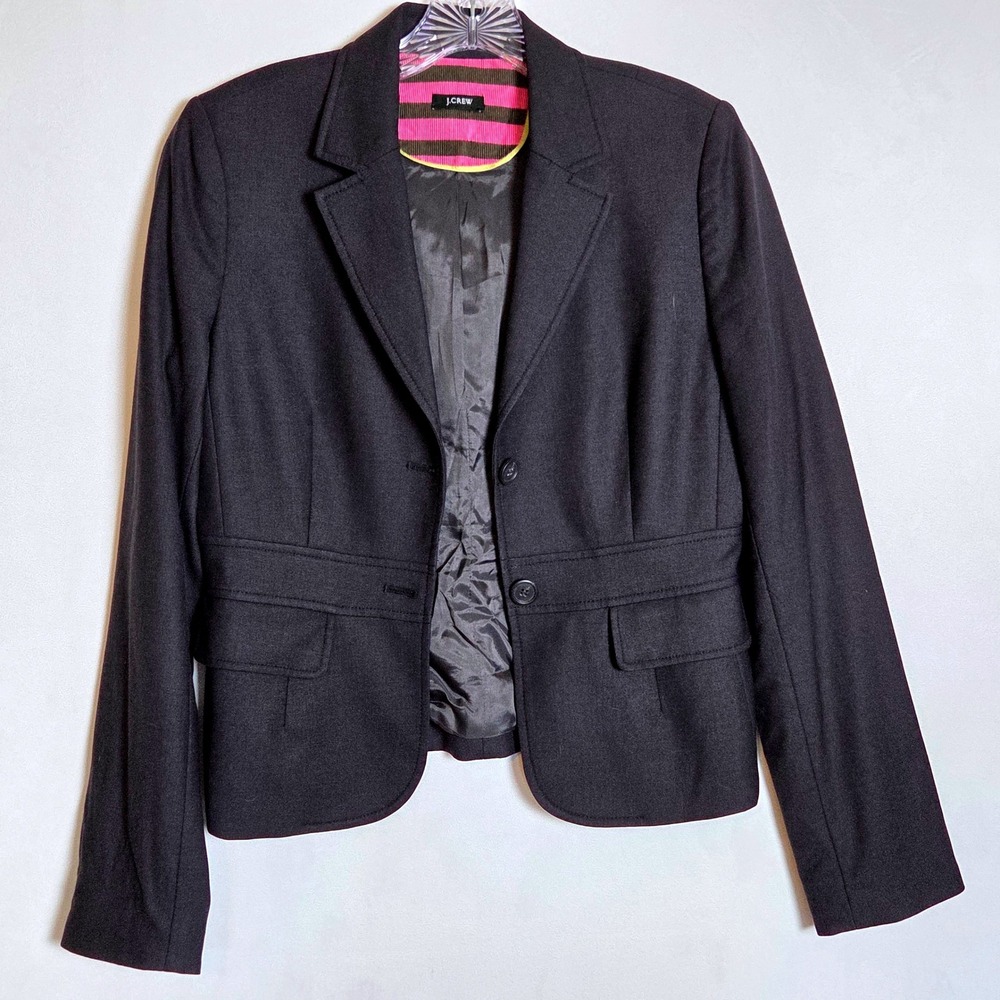 J.Crew Women Minimalist Workwear Blazer Black Pink Striped Lining Two Button